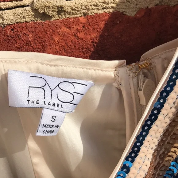 RYSE X Revolve Blue & Gold Sequin Wrap Mini Dress - Picture 9 of 16